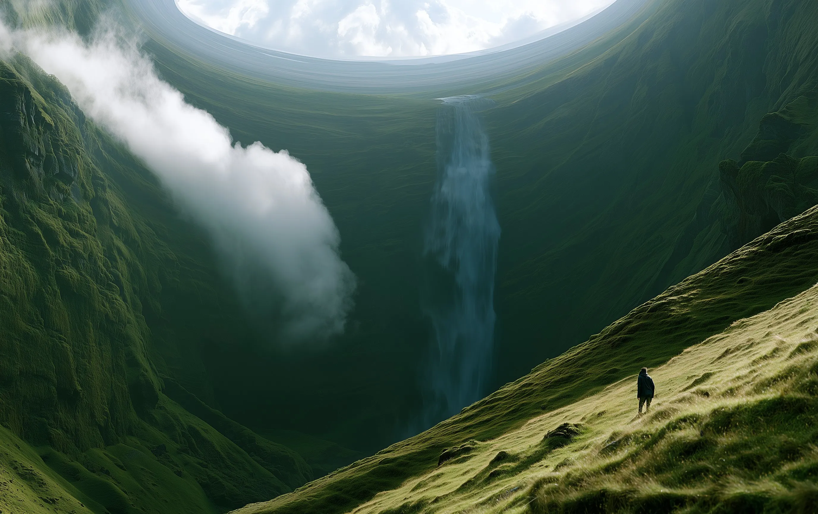 A deep green valley whose mossy walls curve overhead into a ceiling with a round opening to the sky; a cloud drifts down one wall and a waterfall falls from the rim. A lone hiker stands on a sunlit slope.