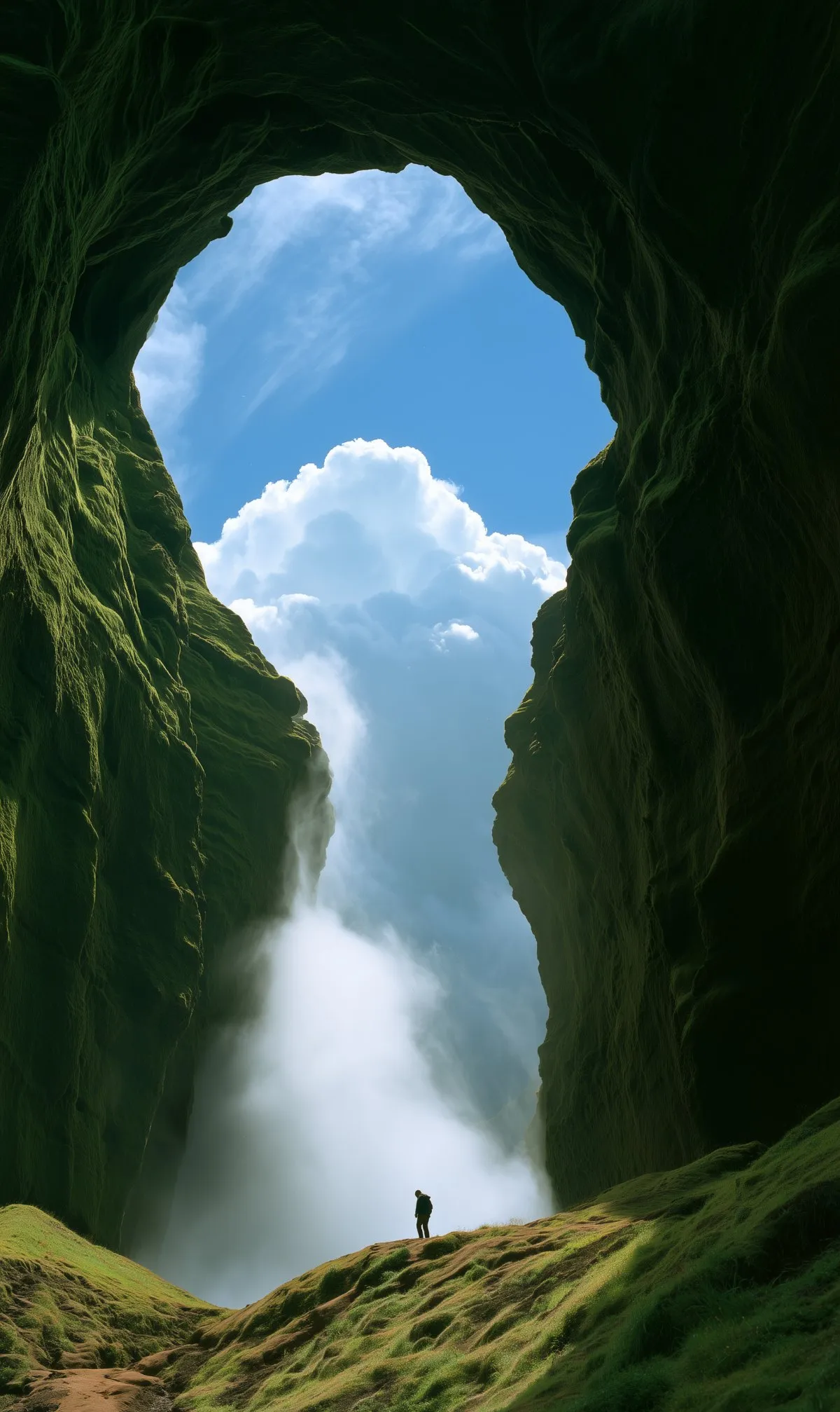 Looking up through a tall mossy rock arch at blue sky; a cloud pours down through the opening. A lone hiker stands on a grassy ridge.