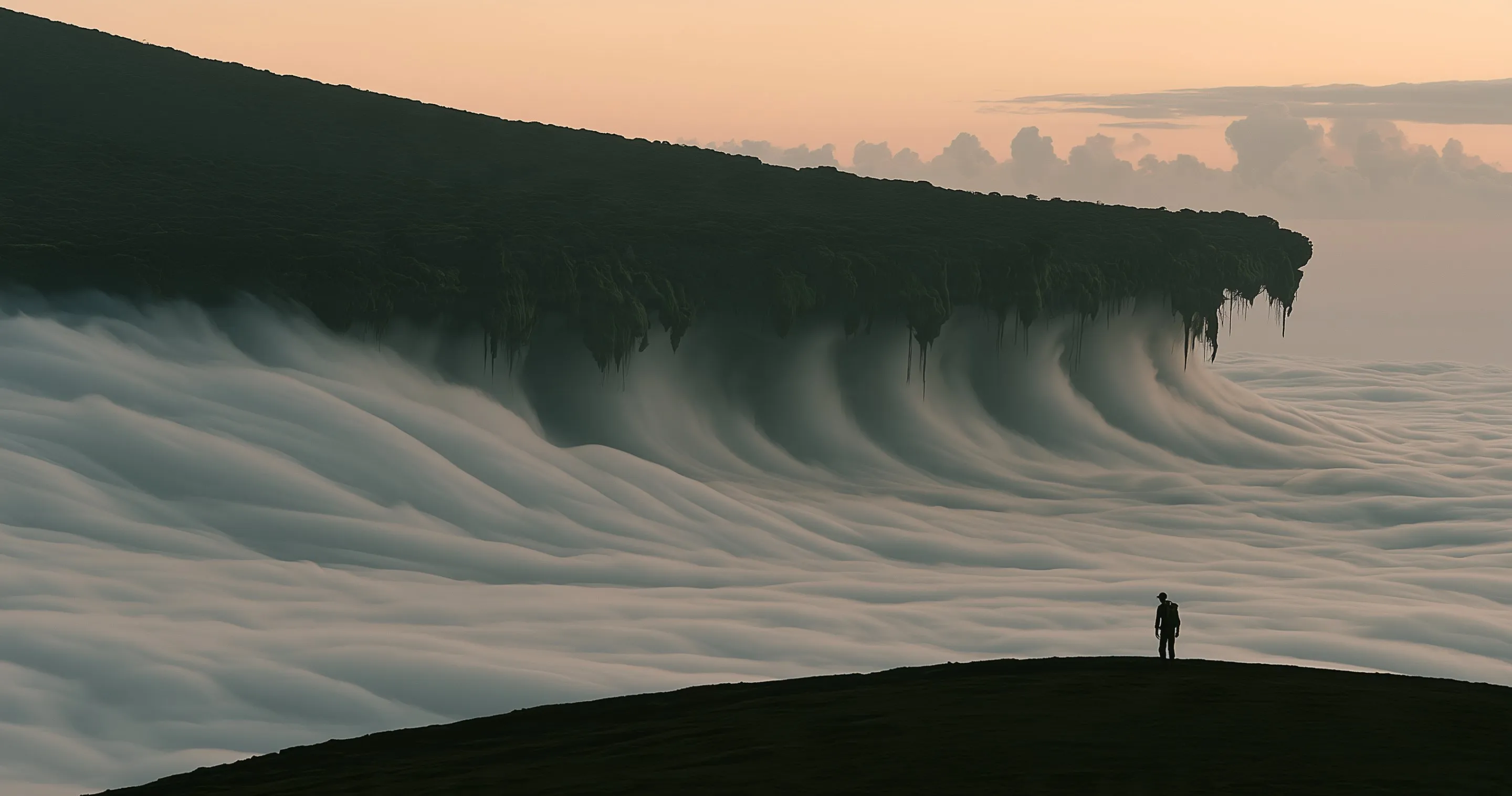 At dusk, a vast slab of forested land hangs over a sea of cloud that combs beneath it like a wave. A lone hiker stands on a dark ridge, watching.