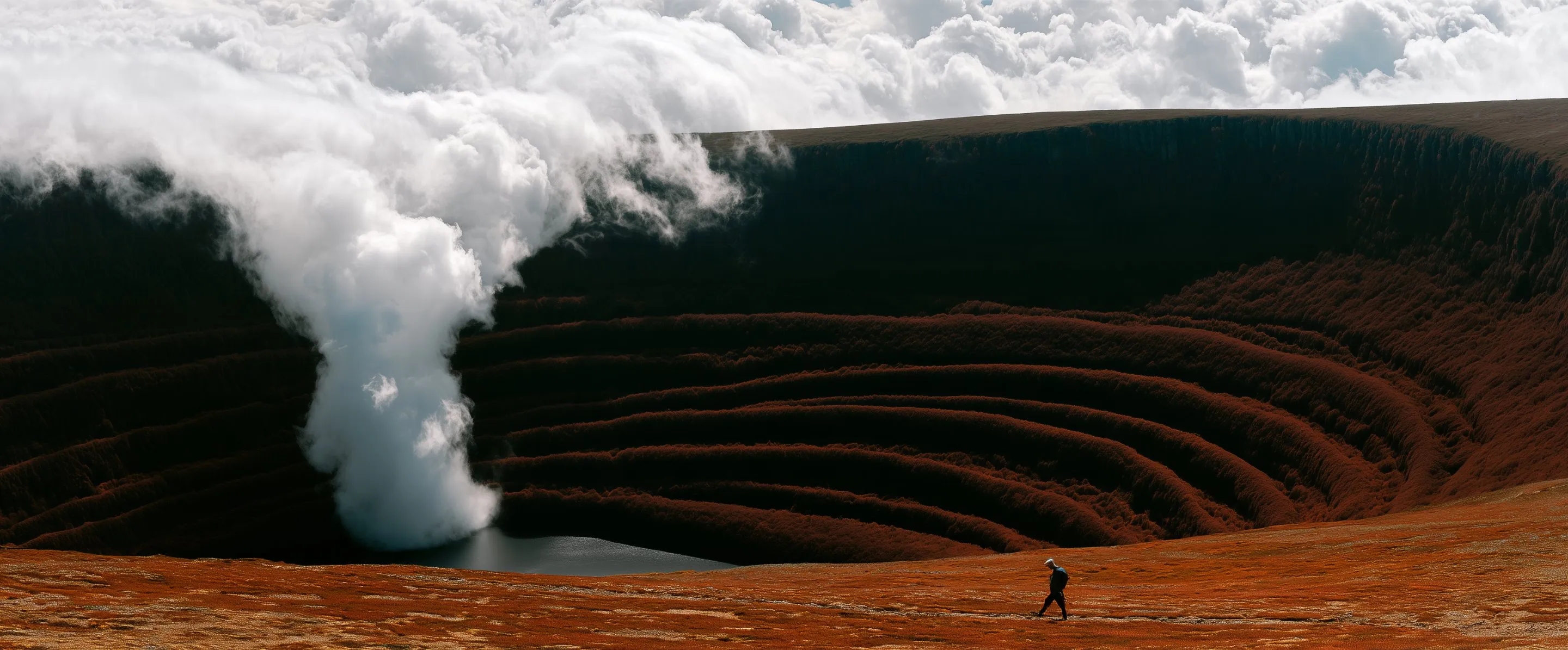 A huge pit stepped in rings of rust-coloured autumn forest, a column of cloud pouring into it beside a small dark lake. A lone hiker crosses the meadow at its rim.