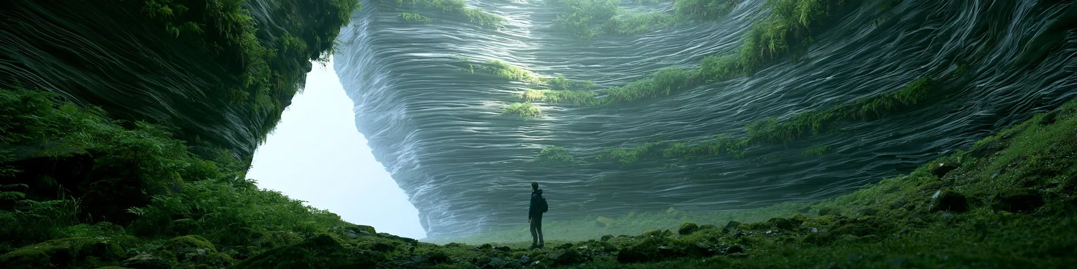 A towering cliff made of thousands of thin layers, like the pages of a giant book, with a lone hiker at its foot.
