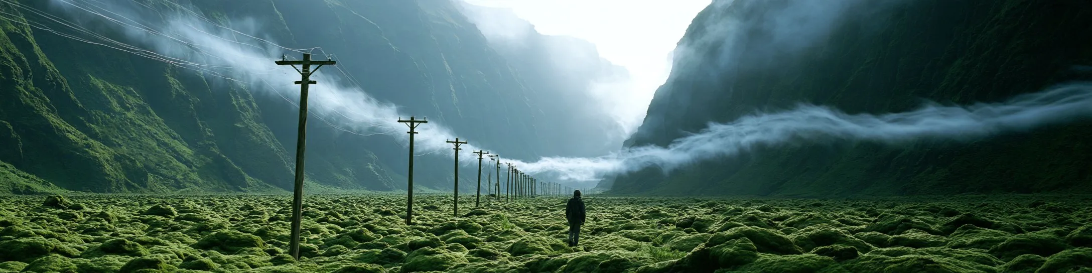 A line of telephone poles crossing a mossy valley while a ribbon of cloud flows along the wires, a lone hiker walking beside them.
