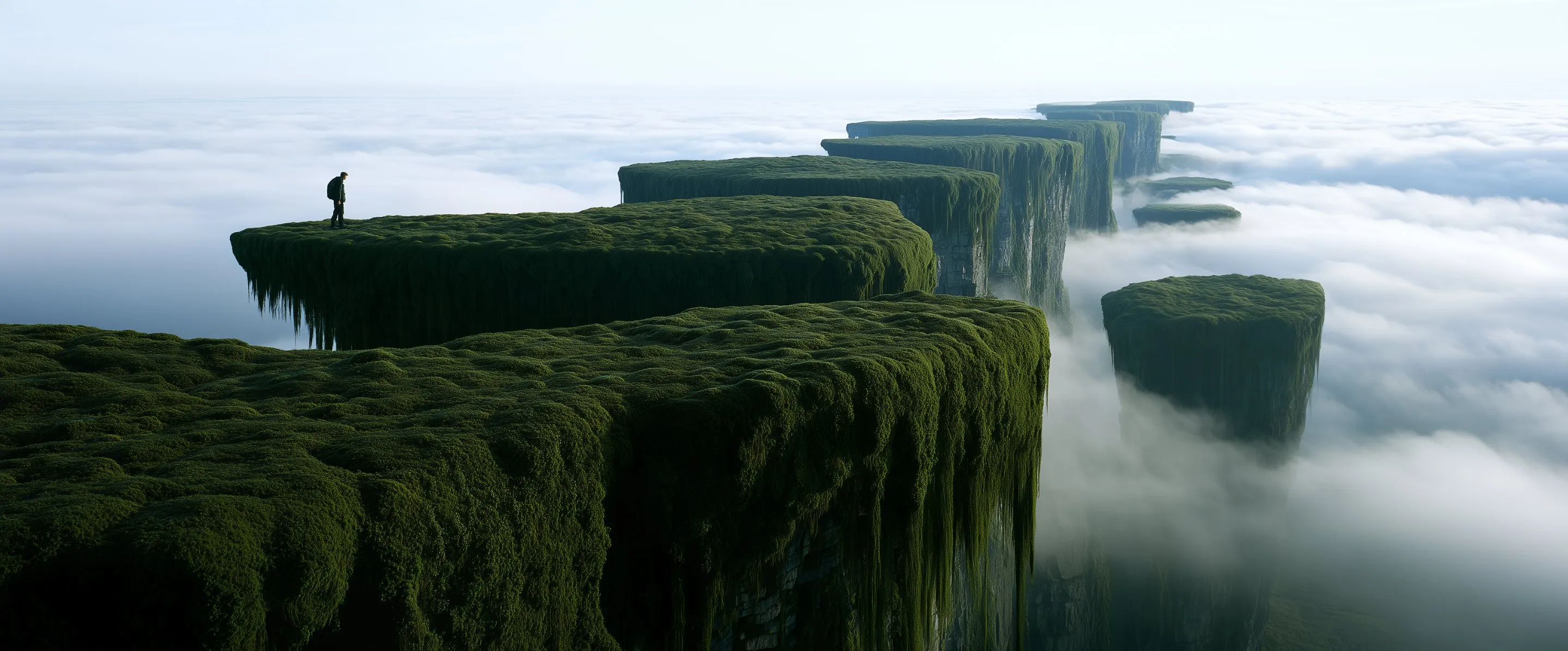 A chain of moss-covered plateaus stepping away across a sea of cloud, a lone hiker standing on the nearest one.